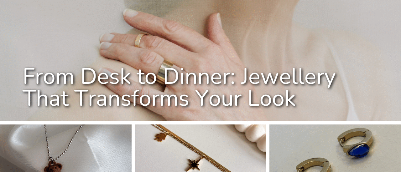 Woman transitioning from workwear to evening outfit with layered jewellery, showcasing Erava’s anti-tarnish gold and statement pieces.